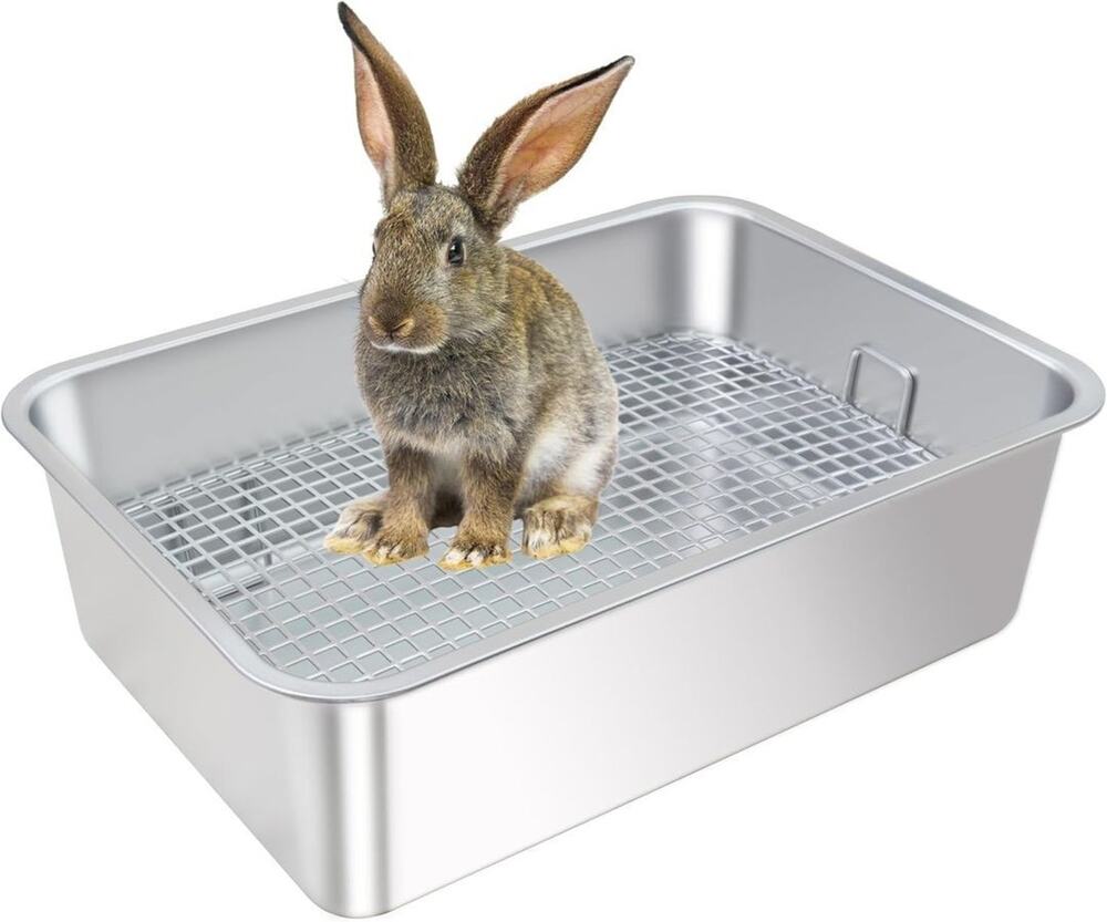 Large Stainless Steel Rabbit Litter Box Widened Grid High Back Deep Waste Storag